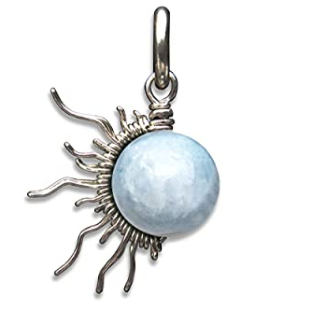 Blue Celestite Stainless Steel wire wrapped sunburst pendant
